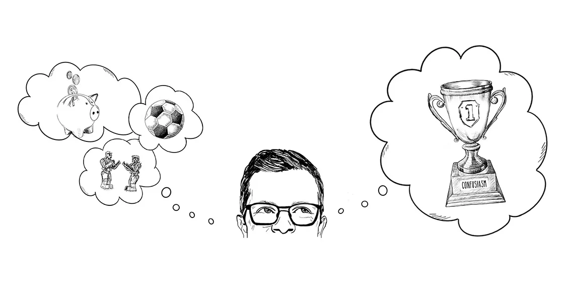Man with glasses thinking about money and trophy.