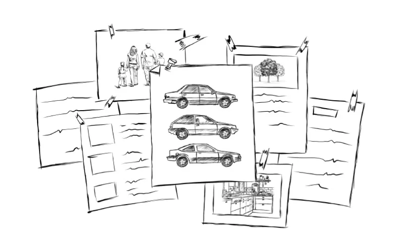 Papers hold sketches in a collage
