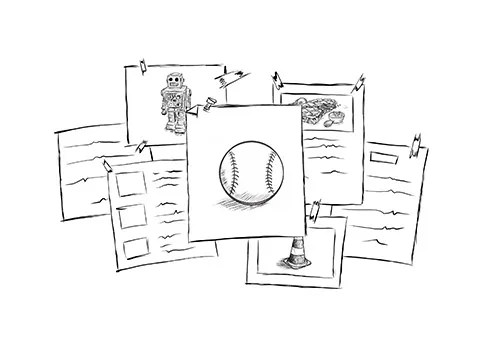 Papers hold sketches in a collage