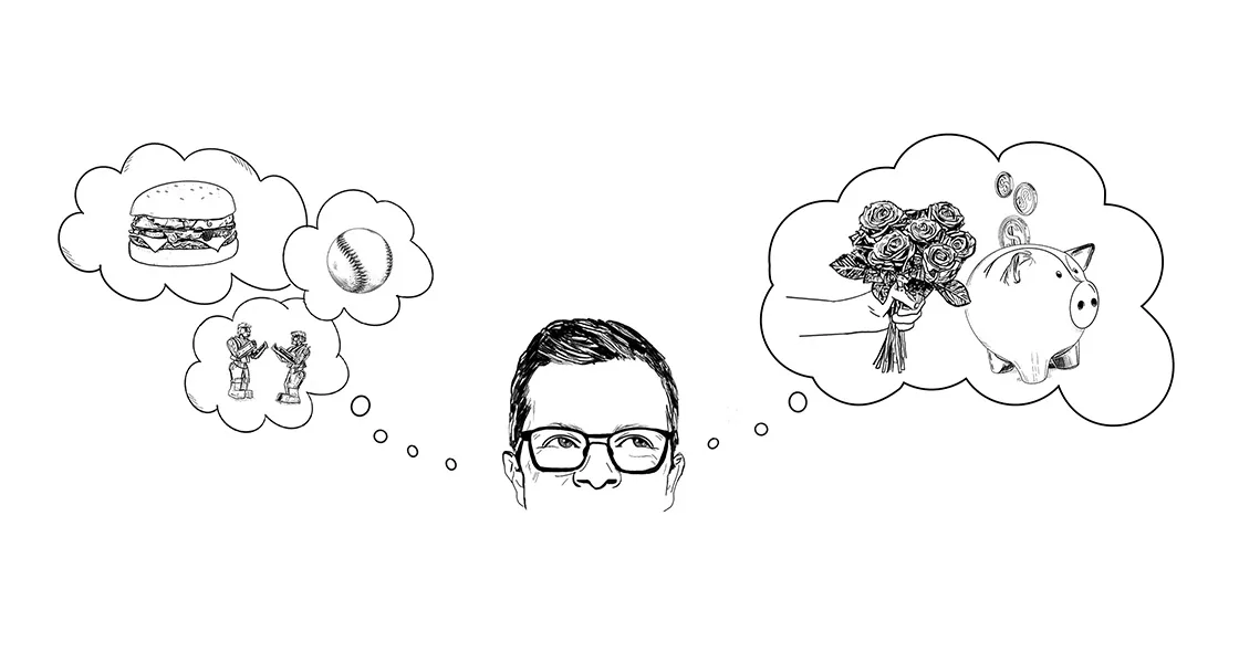 Man with glasses imagines burgers and flowers