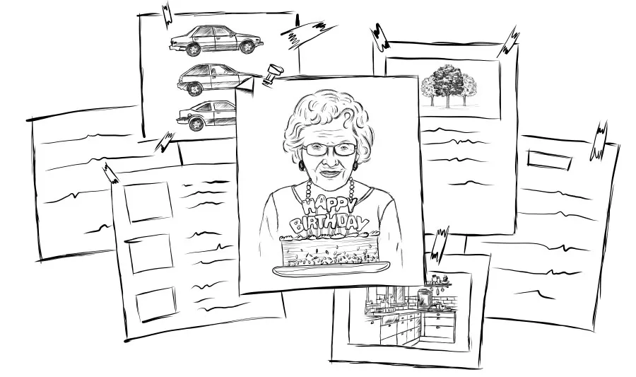 Papers hold sketches in a collage