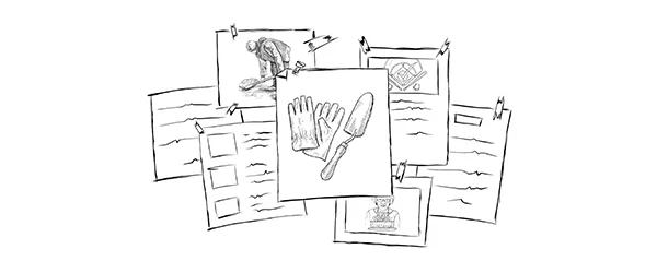 Papers hold sketches in a collage