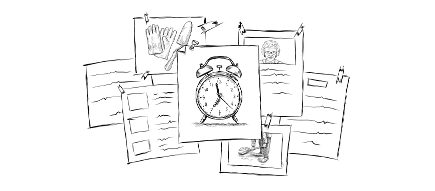 Papers hold sketches in a collage