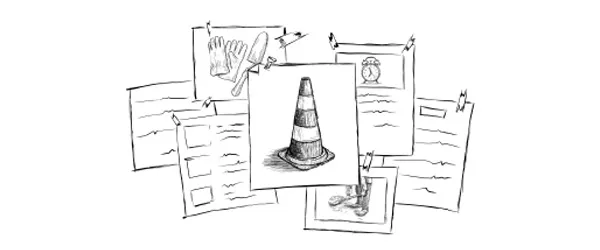 Papers hold sketches in a collage