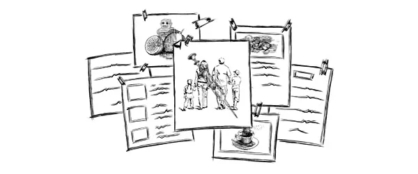 Papers hold sketches in a collage