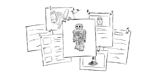 Papers hold sketches in a collage
