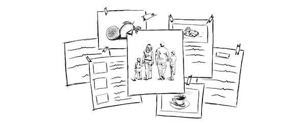 Central family photo among scattered papers