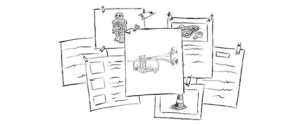Papers hold sketches in a collage