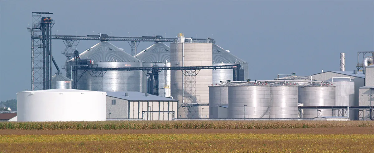 Industrial farm with large grain silos