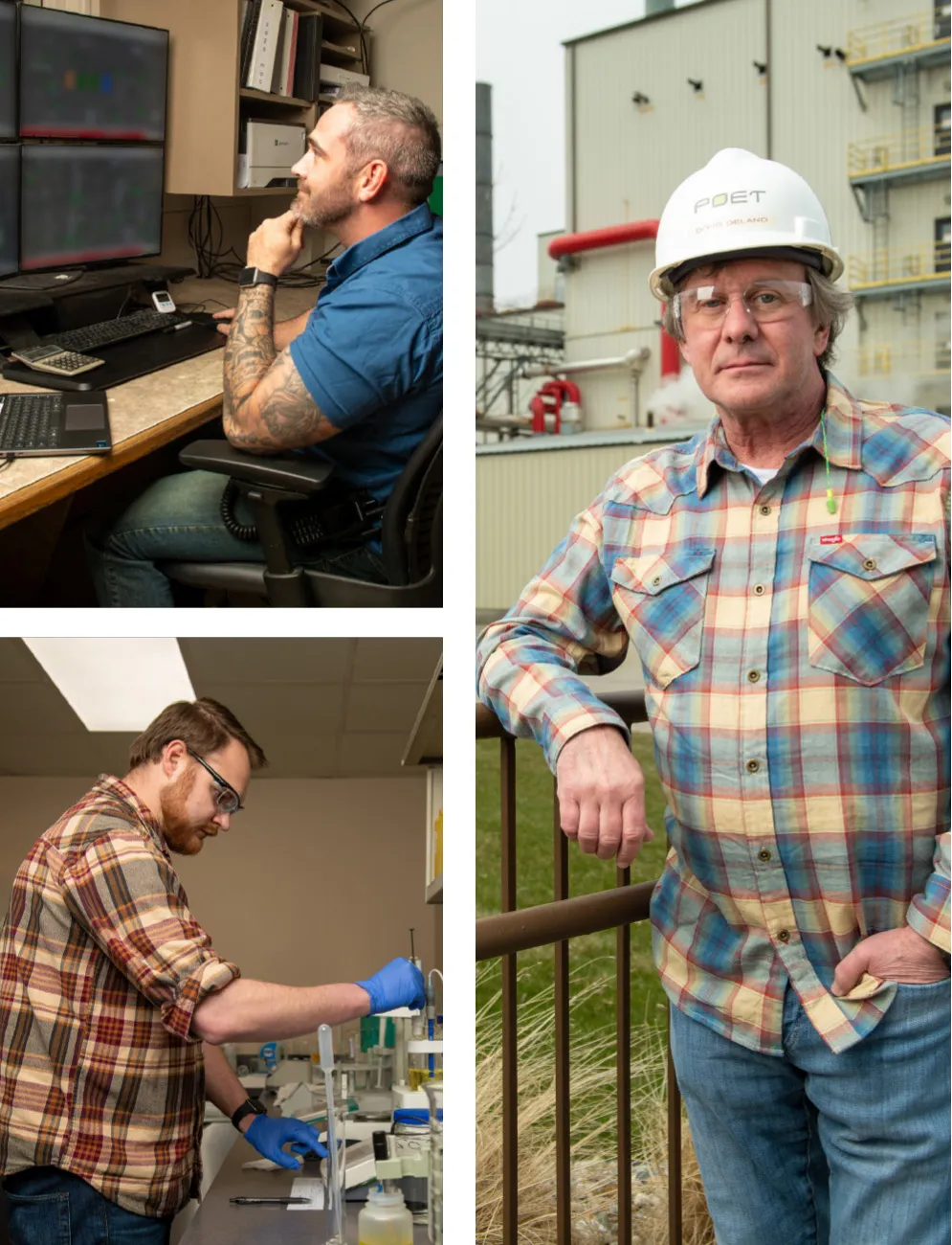 Top Left: Zach McCotter supervises plant operations from the control room Bottom Left: Luke Hollin runs sample tests in the lab Right: Doug DeLand stands outside the facility