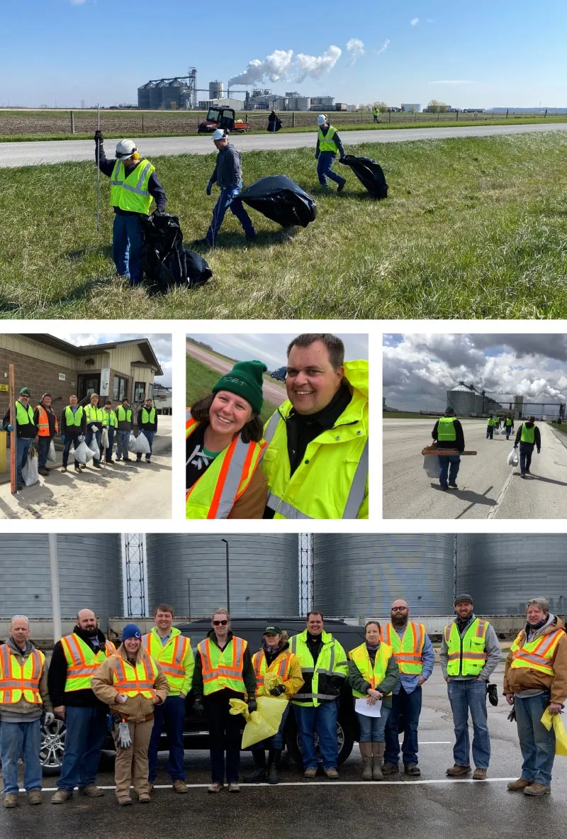 Upper: North Manchesterteam team members helped pick up trash around the area Middle Left & Right: Leipsic team members picked up over 100 pounds of trash during an Earth Day litter cleanup Center & Bottom: Lake Crystal team members cleaned up litter along the highway