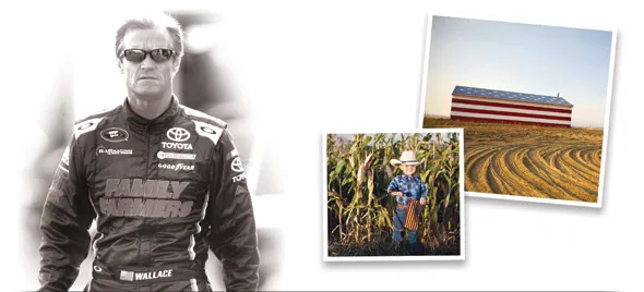 Racing driver beside two farm photos
