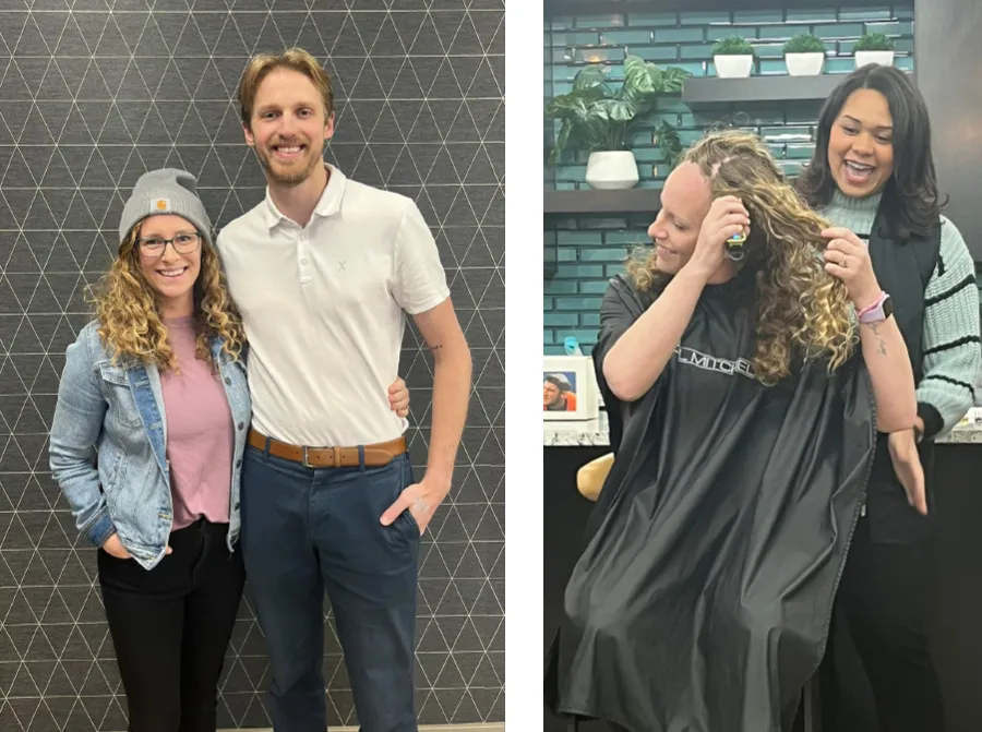 Couple posing on the left; stylist cutting hair in salon on the right