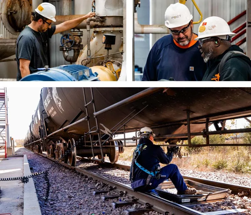Workers inspect industrial equipment and railcar