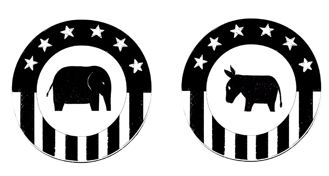 Elephant and donkey icons inside striped circles