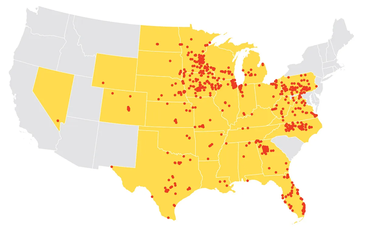 United States map with red dots across states