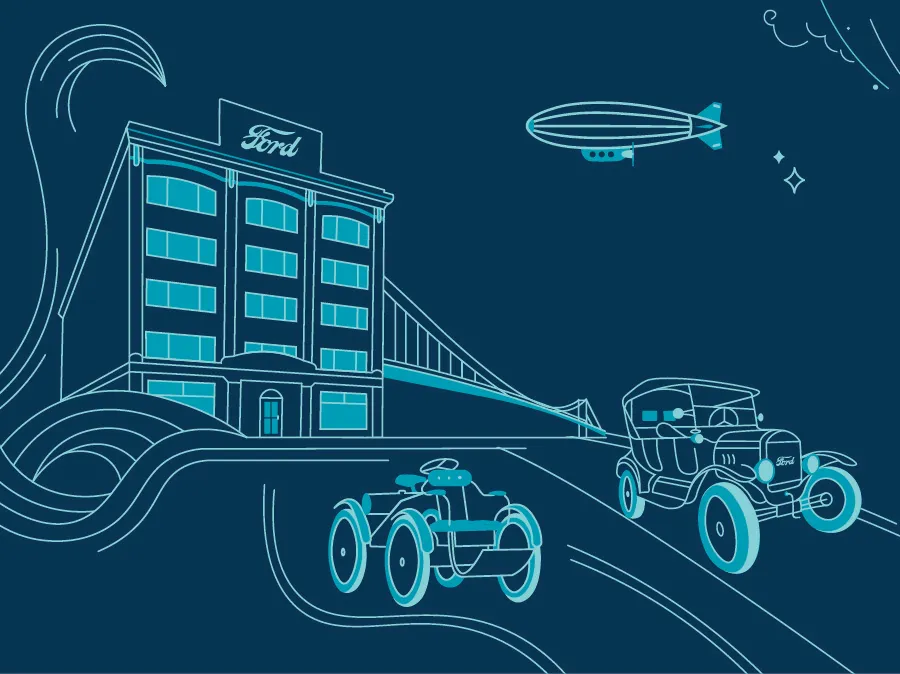 Teal line-art of a Ford building with sign, a suspension bridge, a vintage car, and a zeppelin in a dark blue sky