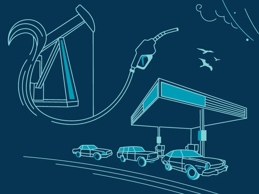 Teal line drawing on dark blue background: an oil pumpjack with coiled hose beside a gas station canopy and cars queued