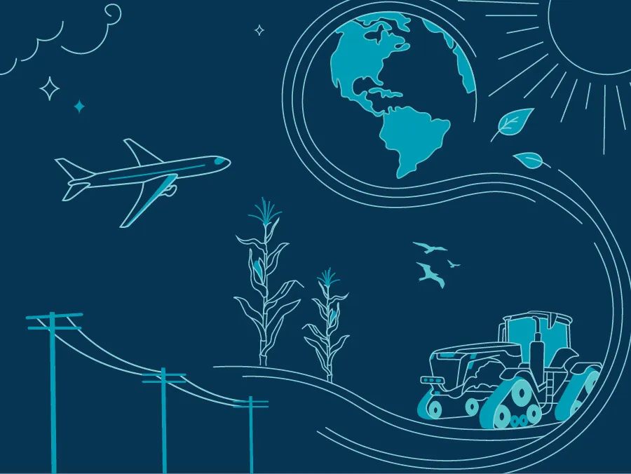 Earth globe with tractor and airplane illustration