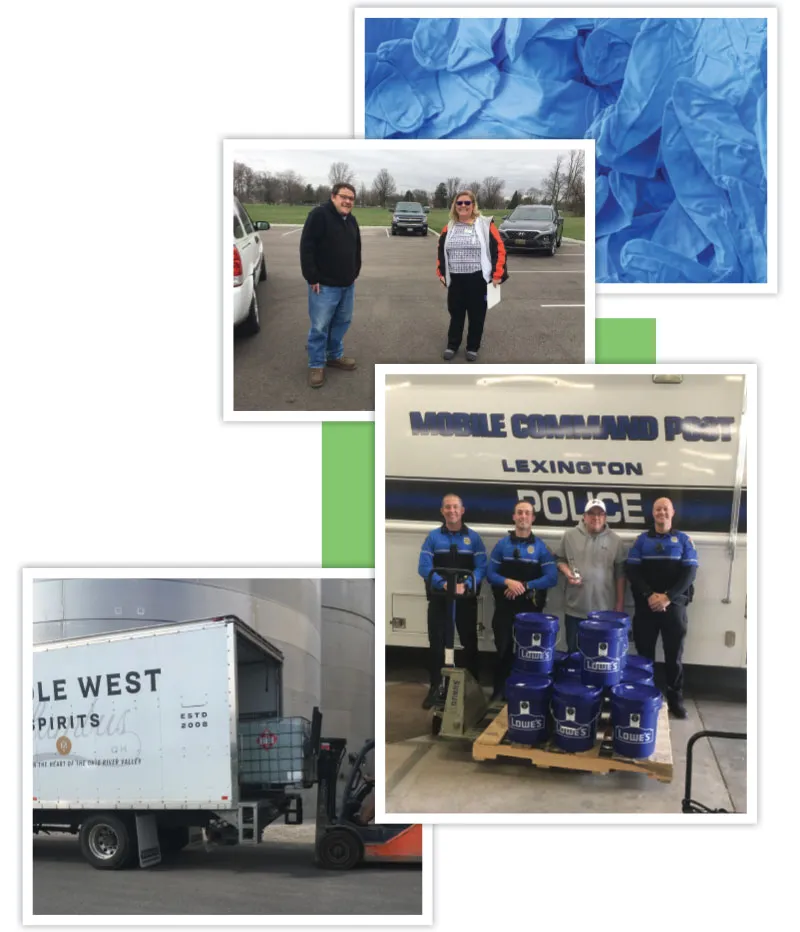 Collage of photos: two people in a parking lot, a blue fabric close-up, a Mobile Command Post image, and a white truck with a logo