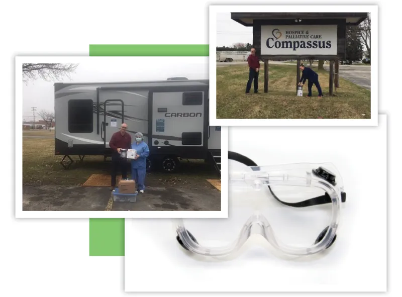Collage shows a Carbon travel trailer with a man and woman holding a document, a Compassus sign, and safety goggles