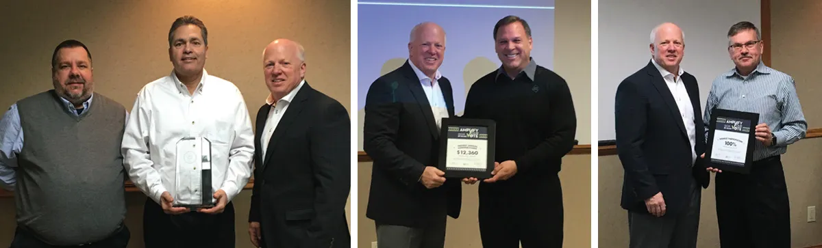Men pose with awards in a three-panel collage