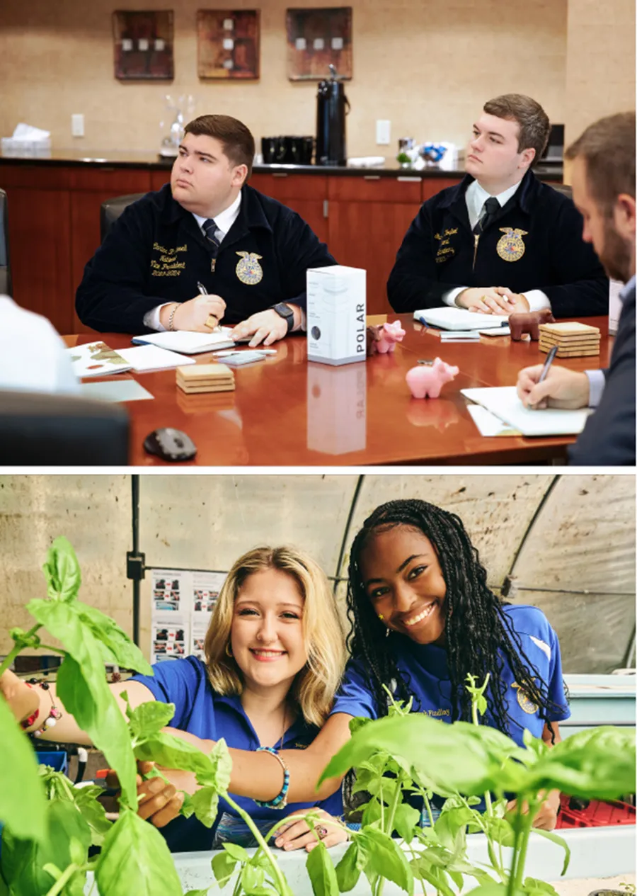 FFA students at meeting; two gardeners with plants