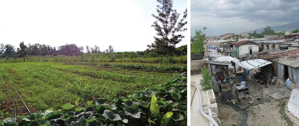 Farmland on left, slum on right