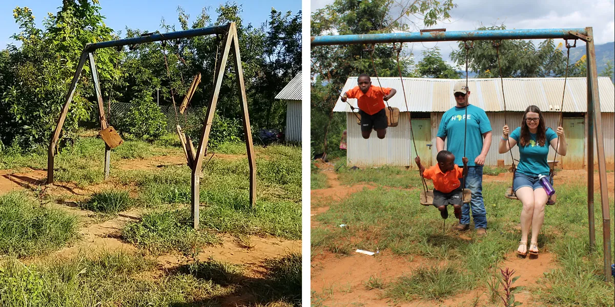 People swing on a metal playground frame