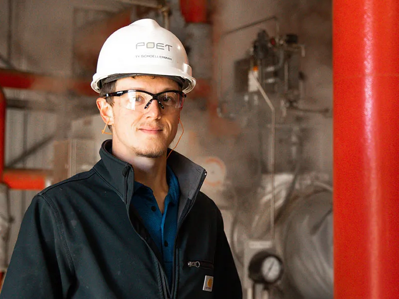 Ty Schoellerman, POET Process Engineer II, works on steam-powered turbines at POET Bioprocessing — Hudson