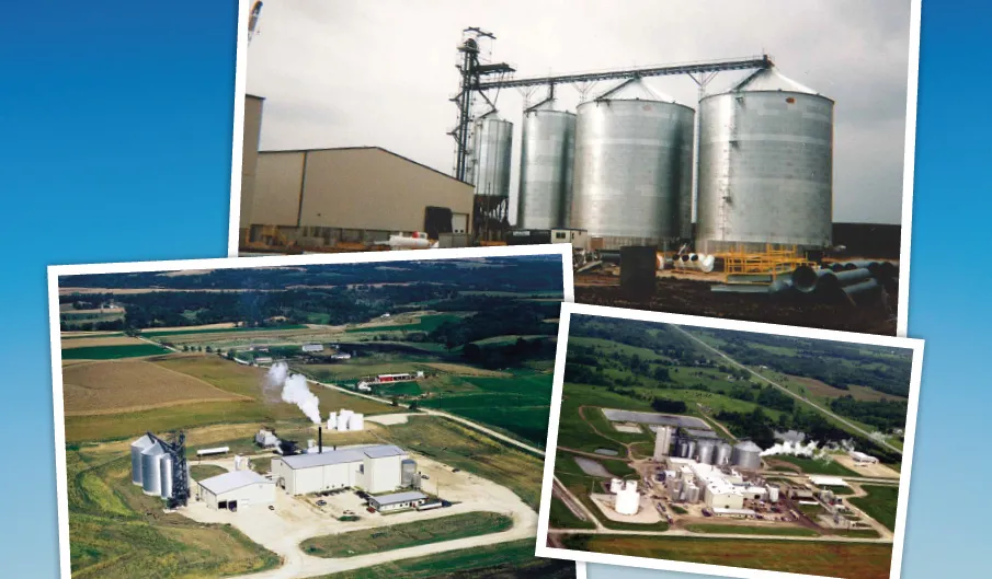 Silos and processing facilities are shown