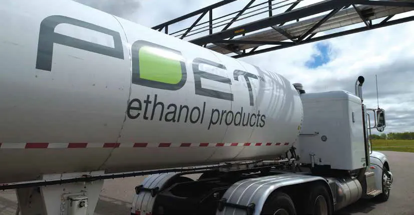 White POET ethanol tanker truck on the road