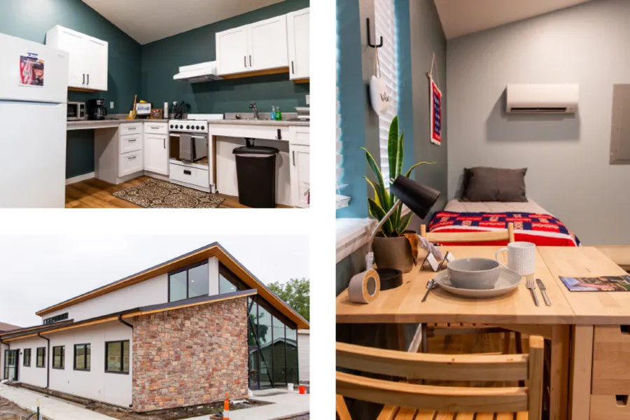 Interior of completed tiny home ready to house veteran Bottom Left: Village Center for VCP community