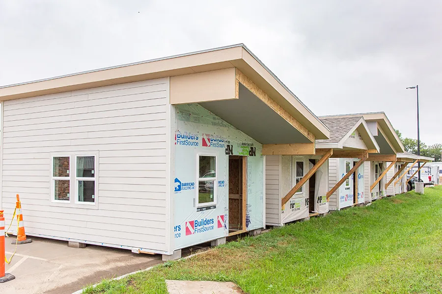 Prefabricated tiny homes ready to be moved to final site location