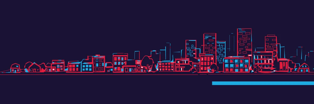 Neon city skyline outline in red and blue