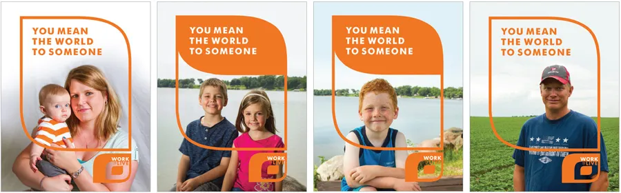 Four posters with orange frames showing people