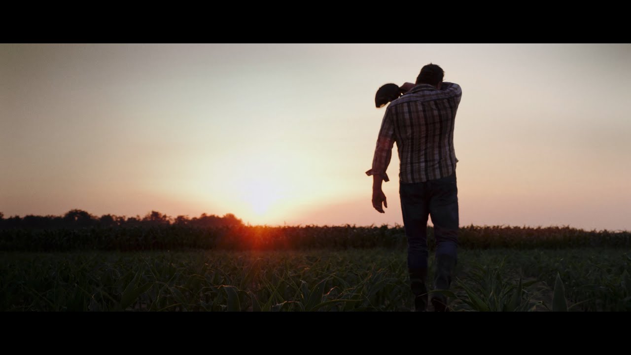 Man carries a cap through a field at sunset