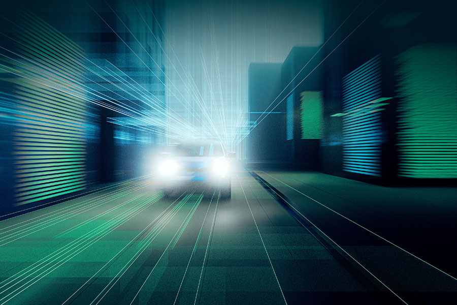 Car with bright headlights driving fast down a futuristic city street at night.