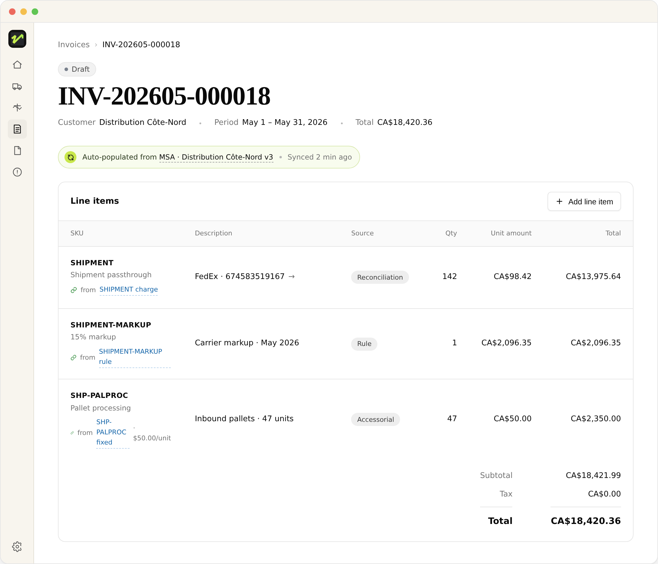 Velix invoice screen showing 3PL line items, carrier markup, and pallet processing charges with auto-populated MSA contract data