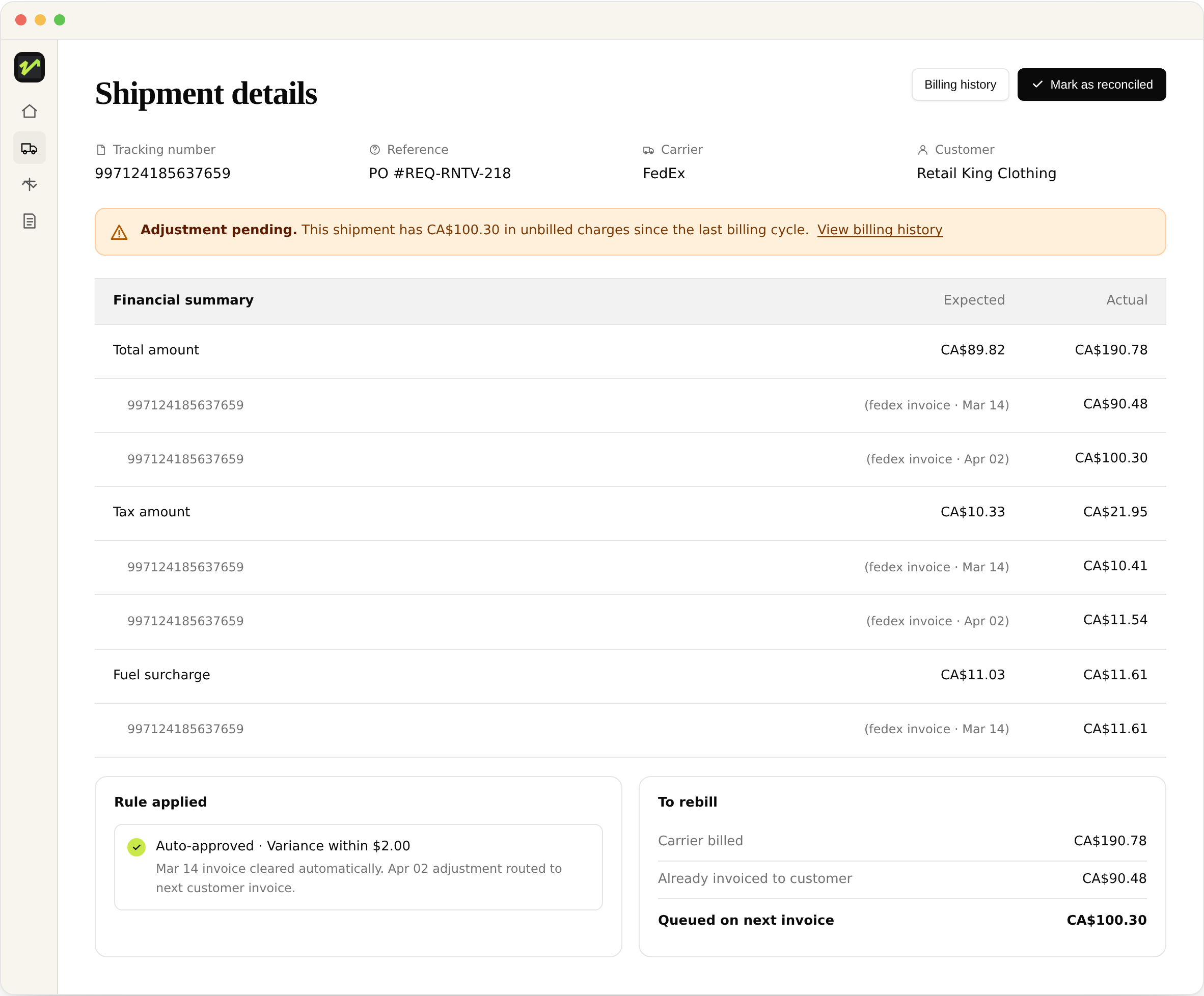 Velix shipment audit screen showing FedEx tracking 997124185637659 with financial summary comparing expected and actual amounts, auto-approved variance rule, and rebill queue routing for customer invoice