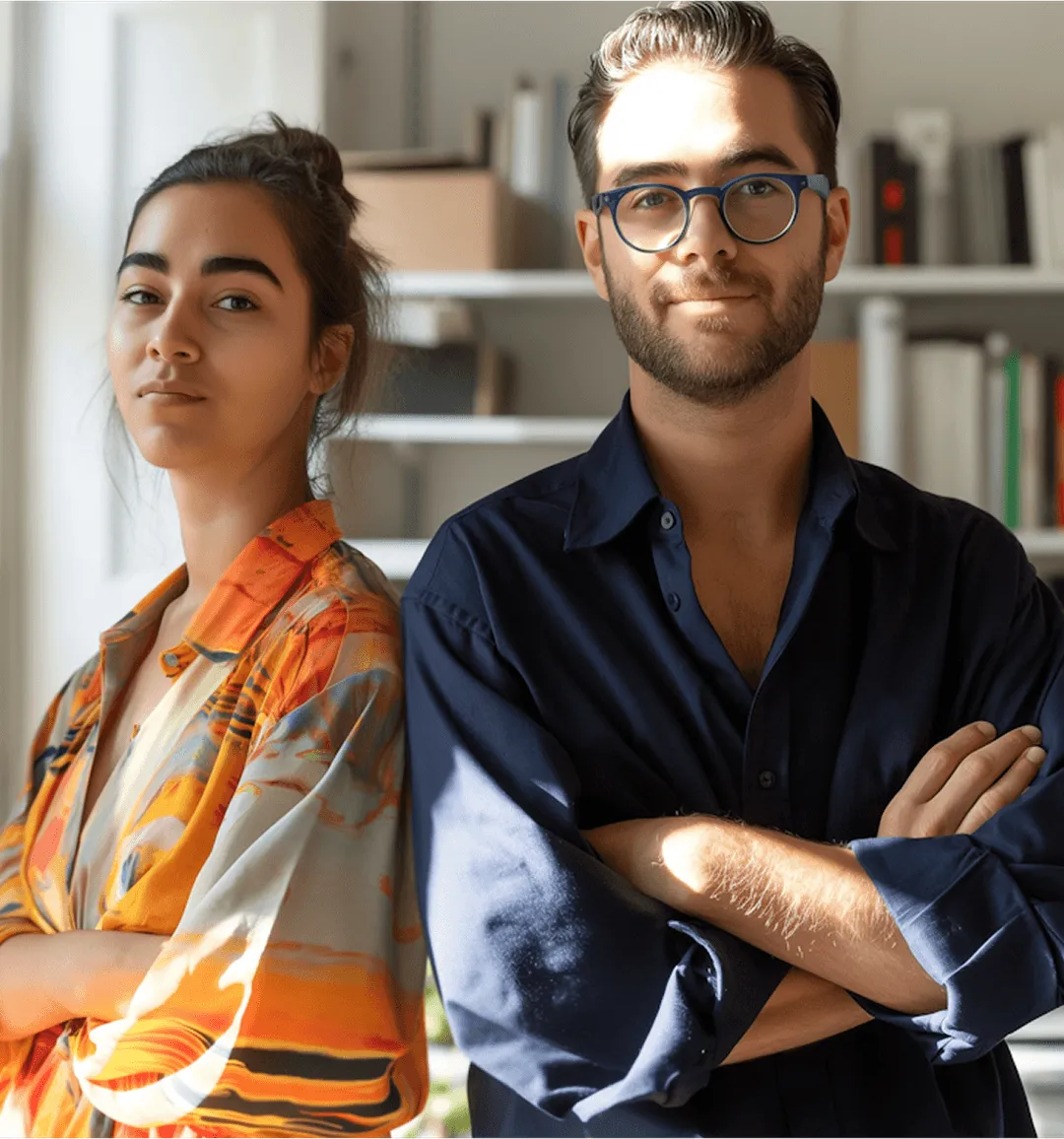 Confident young woman in a colorful shirt and man with glasses and beard wearing a dark shirt stand side by side with arms crossed indoors.