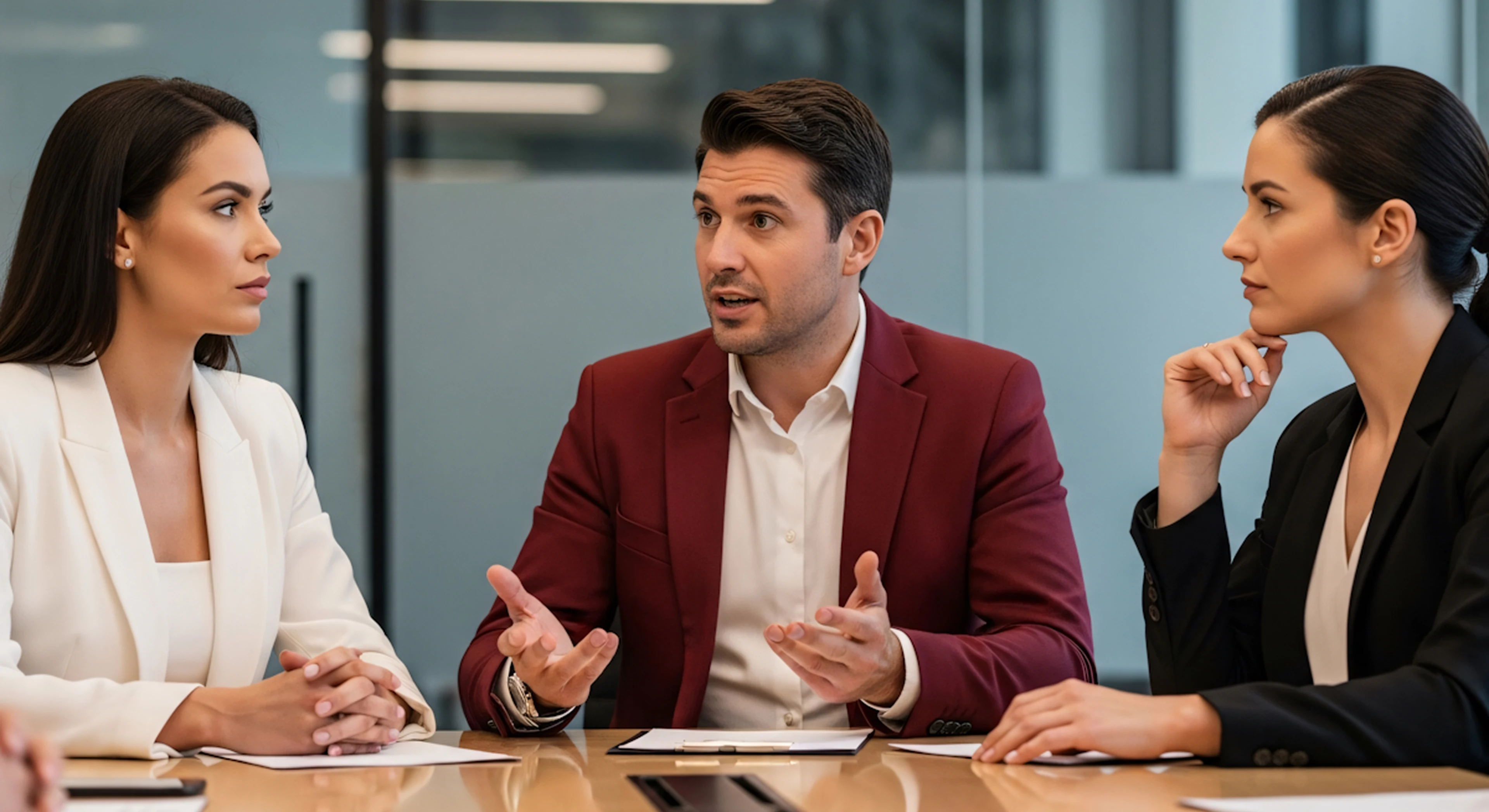 Three business professionals engaged in a serious discussion around a conference table.