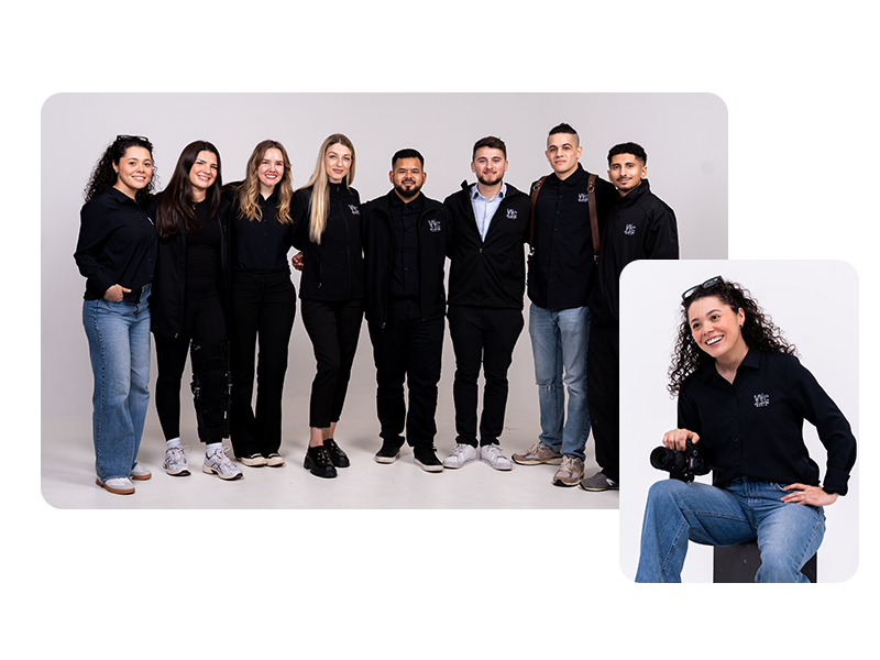 Group of eight young adults standing together smiling, with an additional image of a woman with curly hair sitting and holding a camera.