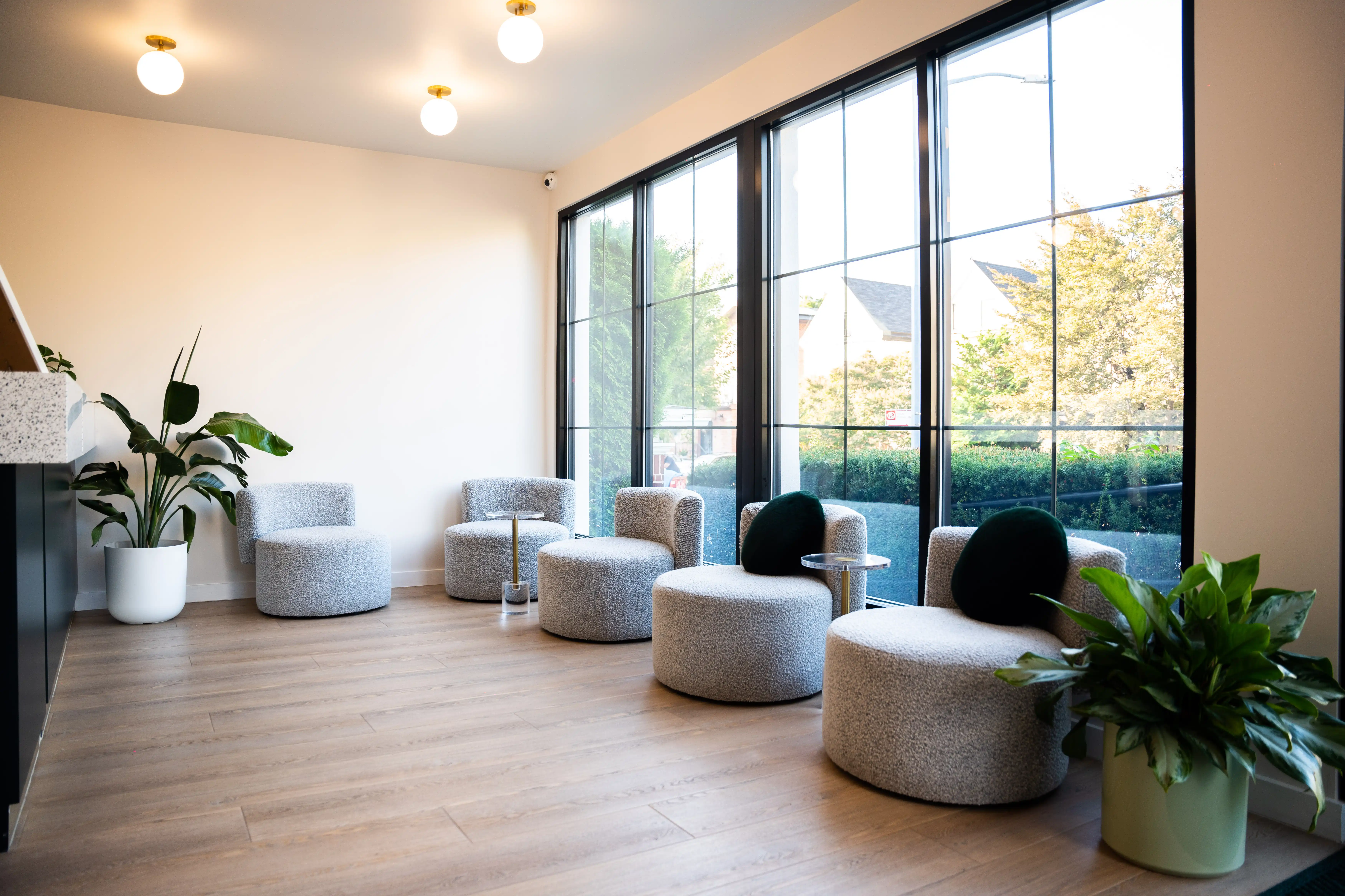 Modern waiting area with five gray upholstered round chairs, two small side tables, large windows, and green potted plants in a high quality photo taken by WeCapture.  