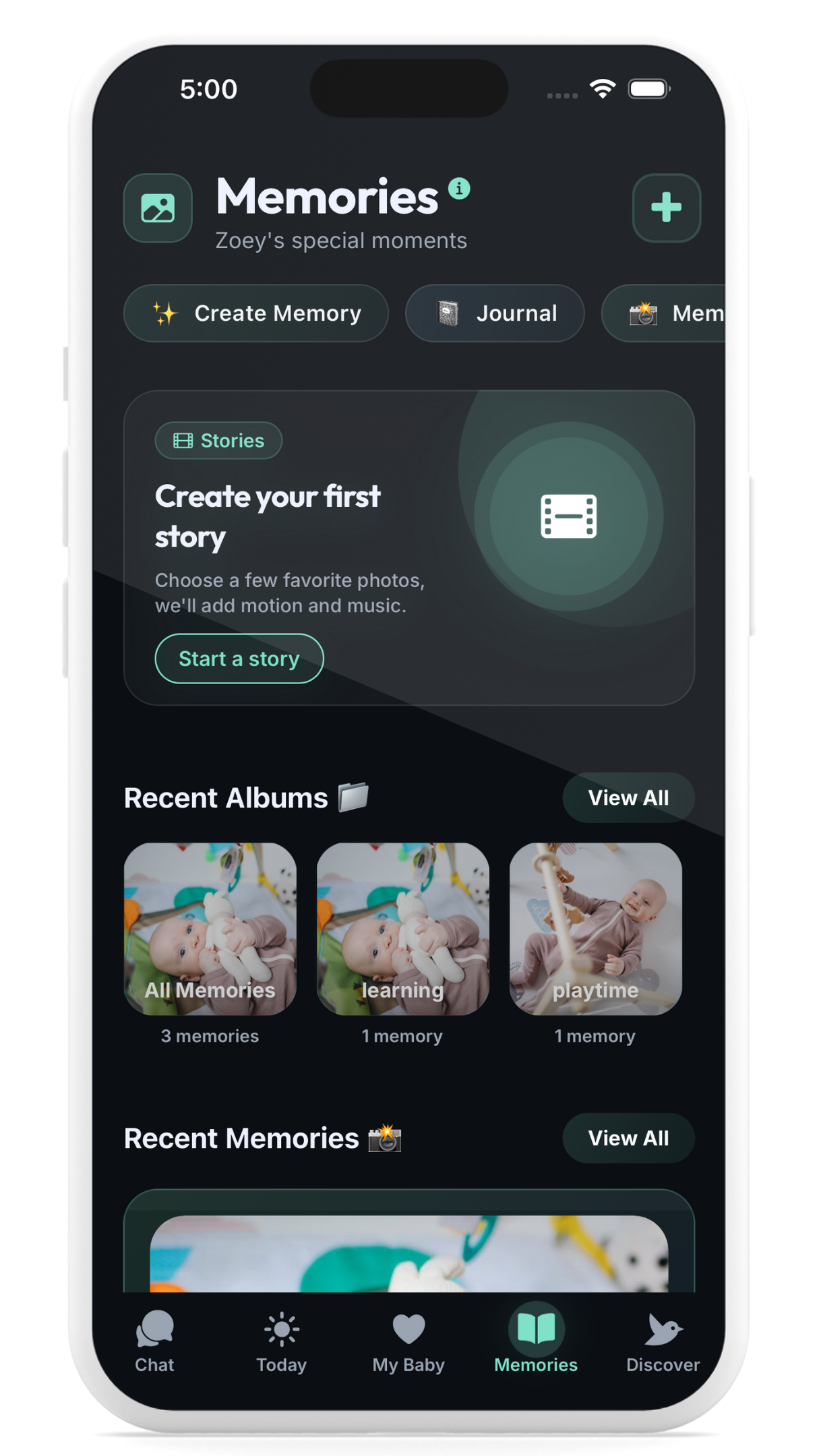 Mobile app screen titled Memories showing options to create a story and recent albums with photos of a baby holding a stuffed animal, including albums named All Memories, learning, and playtime.