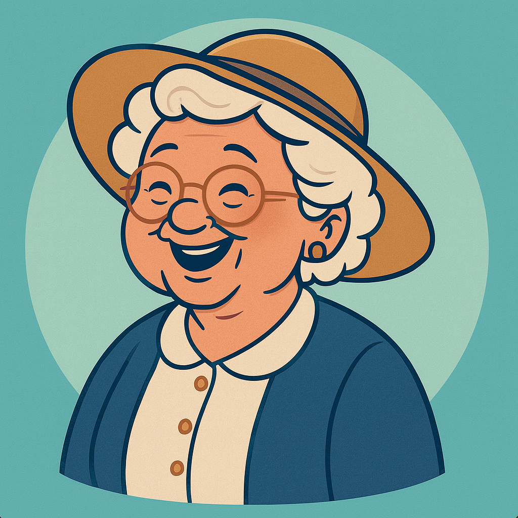 Illustration of a smiling elderly woman with white hair, round glasses, a brown wide-brimmed hat, and a navy blue cardigan over a cream blouse.