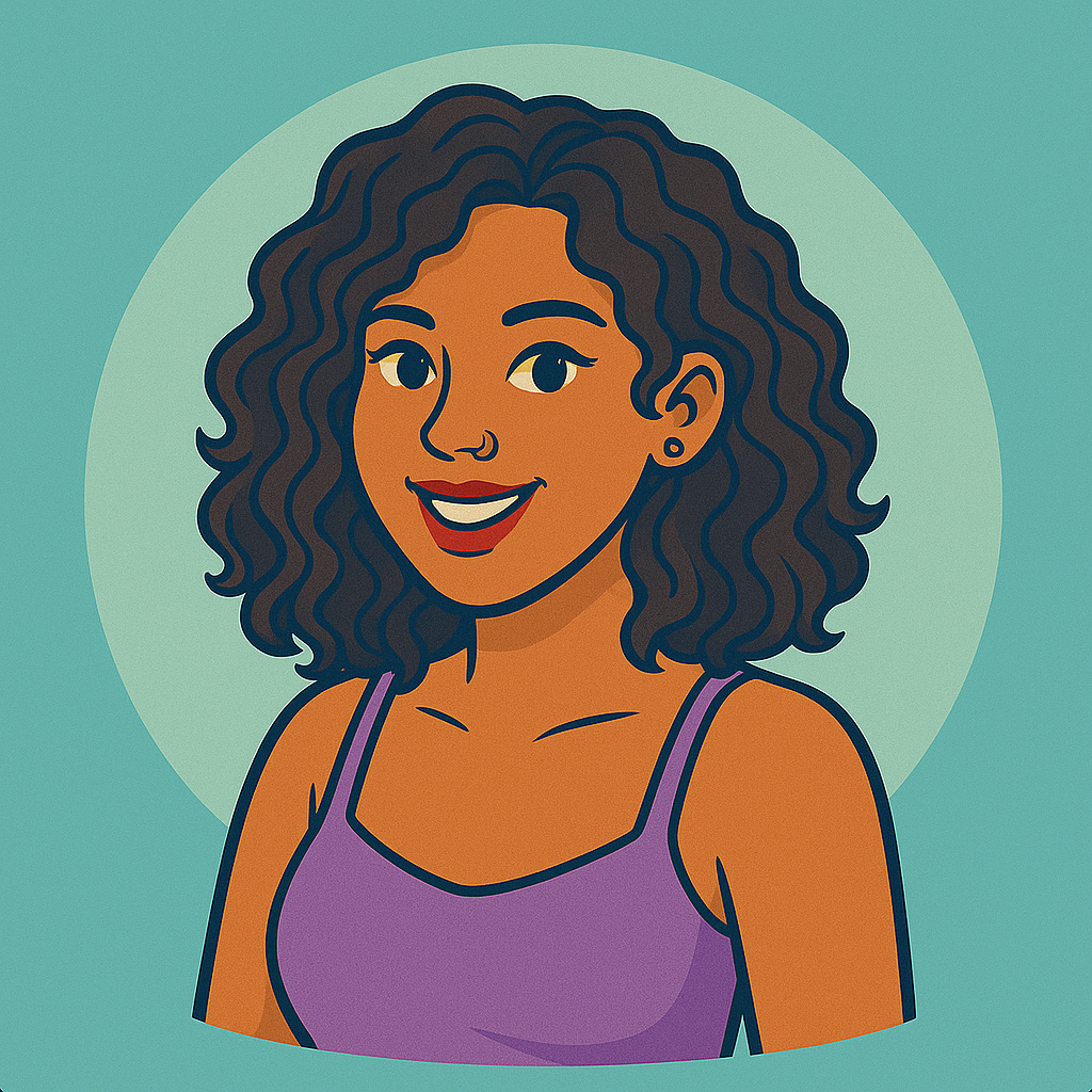Illustration of a smiling woman with curly dark hair wearing a purple tank top against a teal circle background.