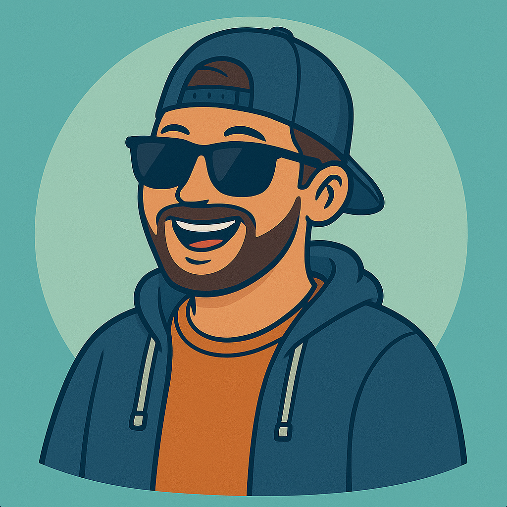Illustration of a smiling man with beard wearing sunglasses, a backward cap, an orange shirt, and a blue hoodie.