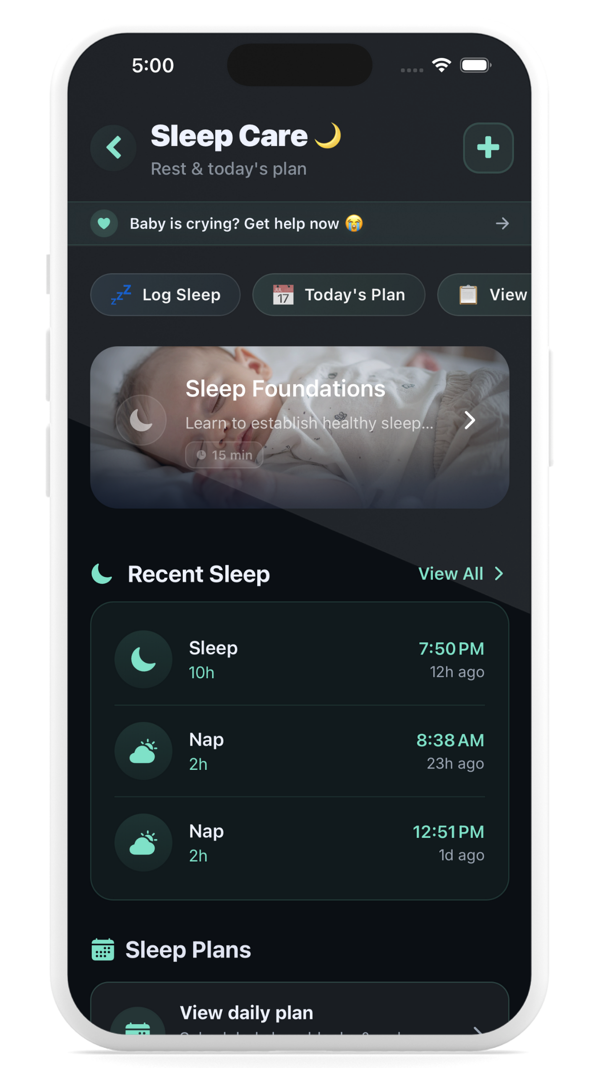 Mobile app screen titled Sleep Care showing recent sleep logs including 10 hours of sleep at 7:50 PM and two 2-hour naps at 8:38 AM and 12:51 PM, with options to log sleep and view today's plan.