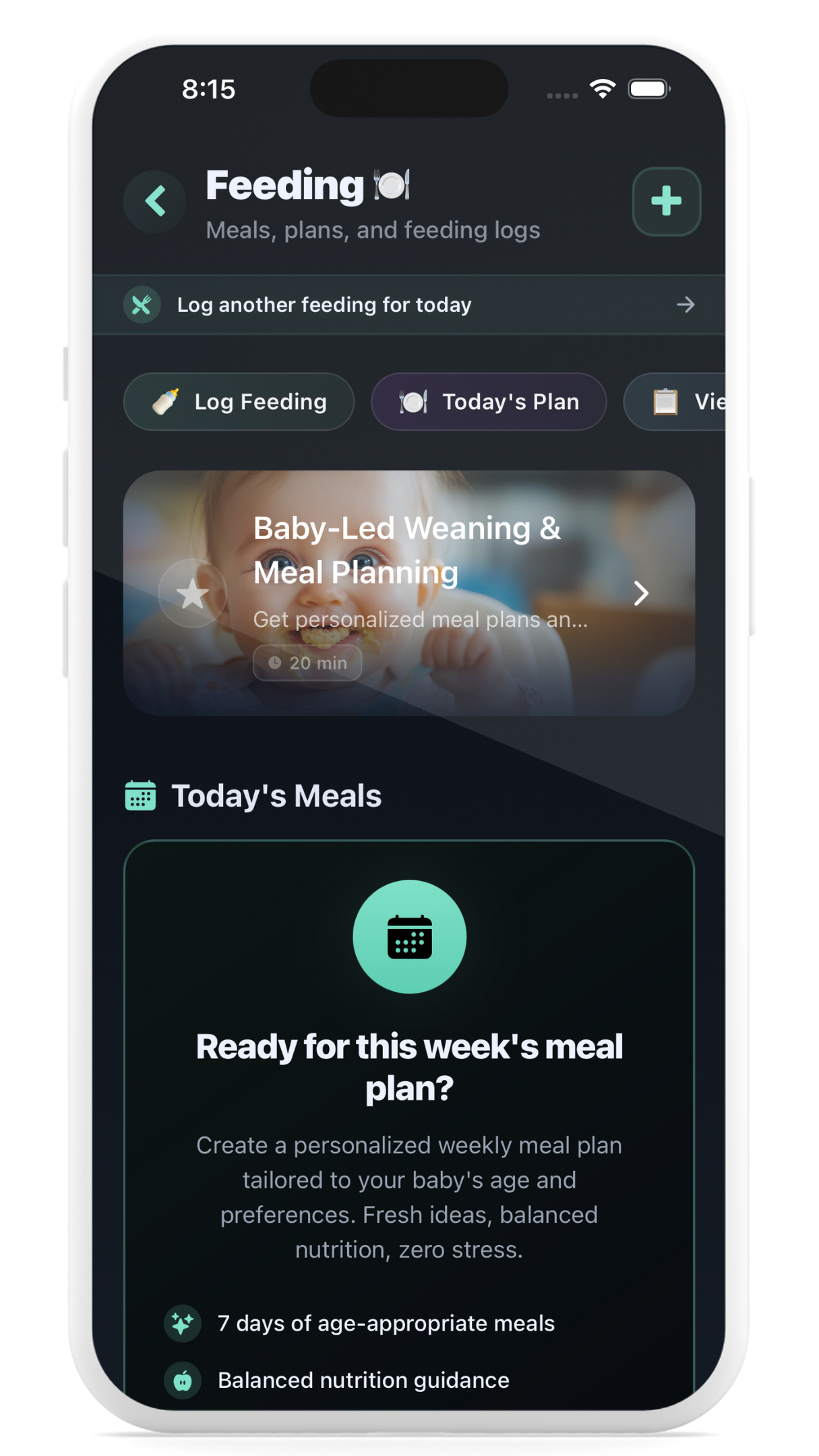 Mobile app screen showing 'Feeding' section with options to log feeding and view today's meal plan including baby-led weaning and personalized weekly meal plans.